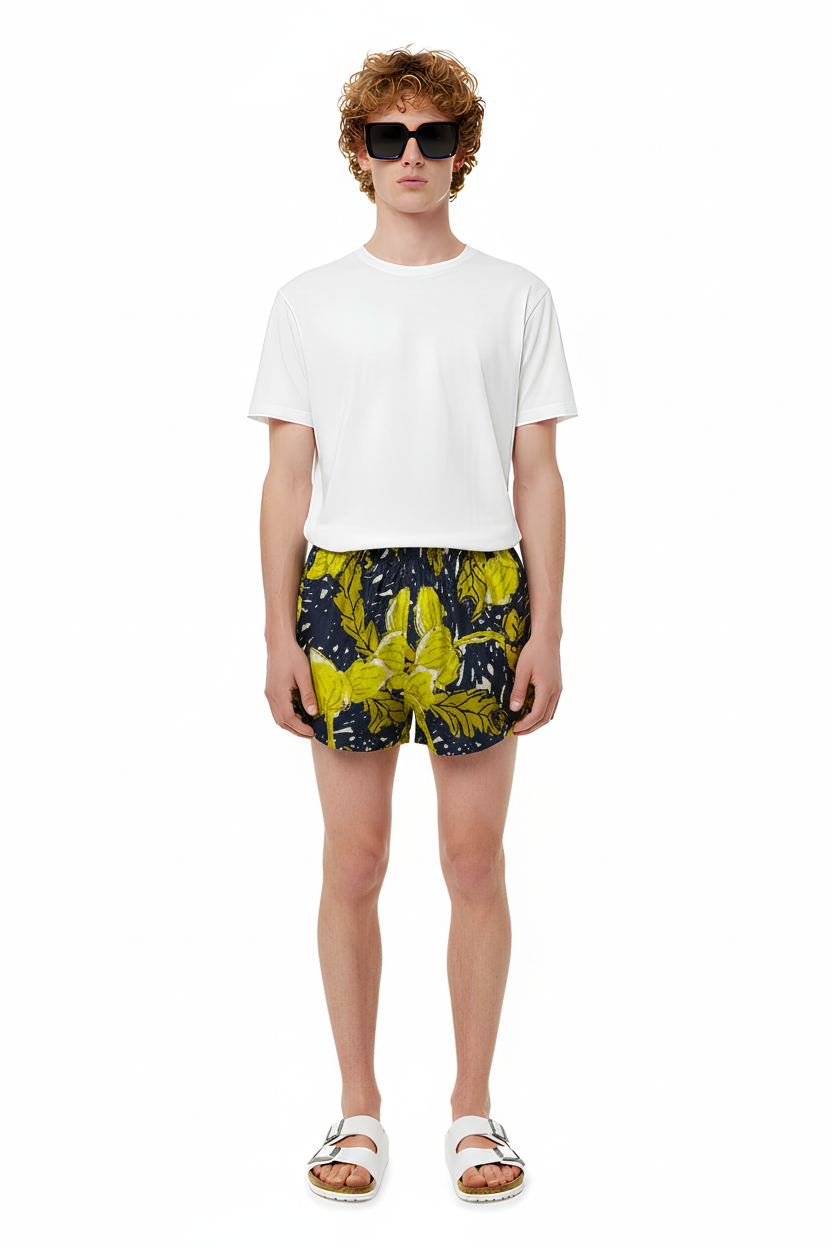BOXER SHORT AUTUMN LEAVES NAVY YELLOW - BANANATIME