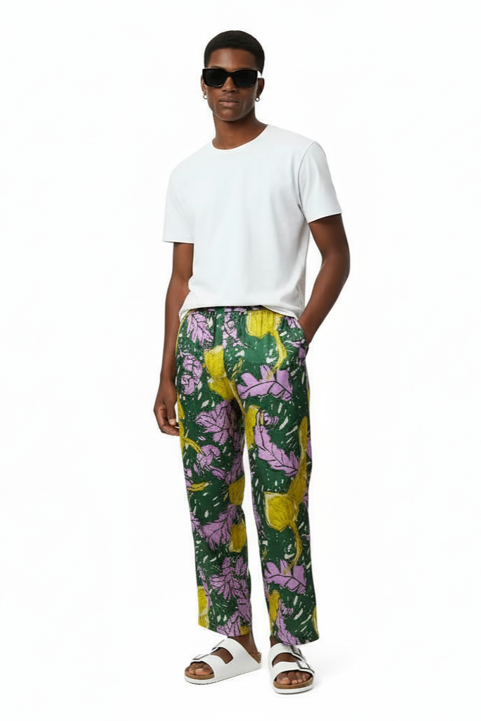 EASY PANT AUTUMN LEAVES GREEN PINK - BANANATIME