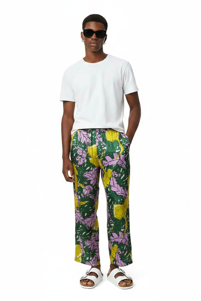 EASY PANT AUTUMN LEAVES GREEN PINK - BANANATIME