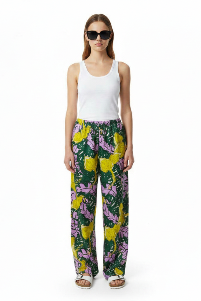 EASY PANT AUTUMN LEAVES GREEN PINK - BANANATIME