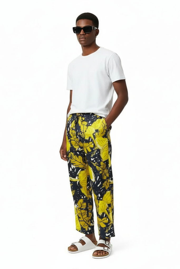 EASY PANT AUTUMN LEAVES NAVY YELLOW - BANANATIME
