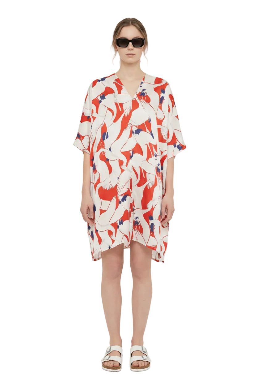 PONCHO Dancing Birds RedEcru