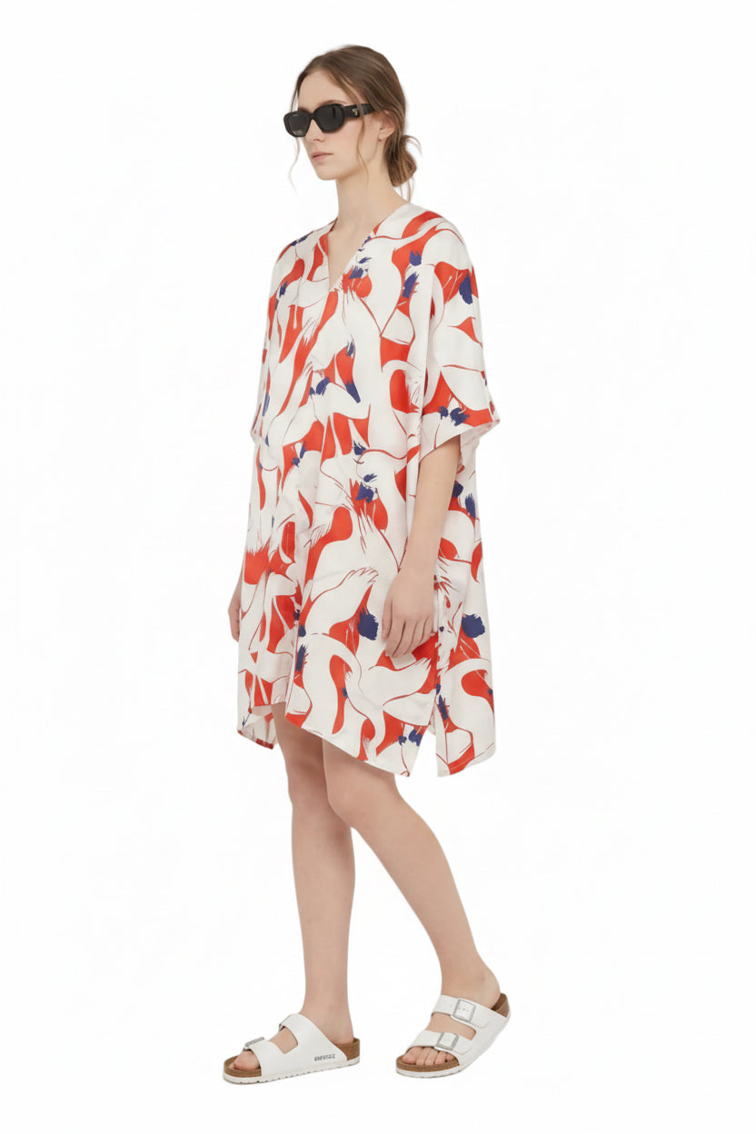 PONCHO Dancing Birds RedEcru