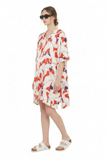 PONCHO Dancing Birds RedEcru