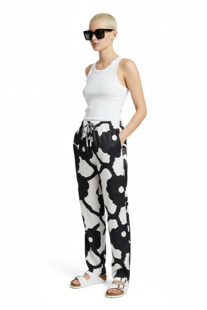 EASY PANT Bleeding Flowers Ecrublack - BANANATIME