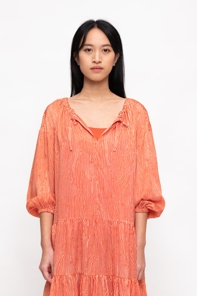 SHORT TIERED DRESS Bent Stripe Orange - BANANATIME